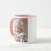 Klein meisje met roze knoop en haar witte puppy. mok (Voorkant links)