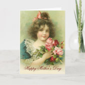 Klein meisje met roze rozen Moederdag Kaart (Voorkant)