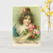 Klein meisje met roze rozen Moederdag Kaart (Gele Bloem)