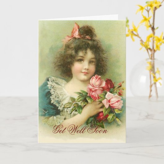 Klein meisje met roze rozen, snel goed kaart (Gele Bloem)