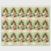 Klein meisje met roze rozen, Valentijnsdag Cadeaupapier (Vlak)