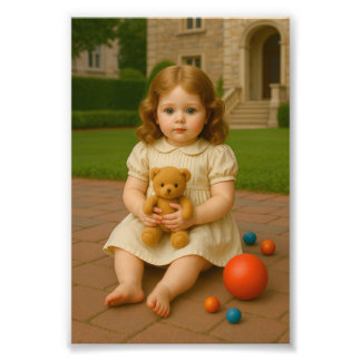 “Klein meisje met teddybeer – Antieke kinderportre Foto Afdruk