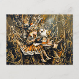 Klein meisje met uil in een boomwortelhuis briefkaart