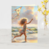 Klein meisje met vlieger op een strand kaart (Gele Bloem)