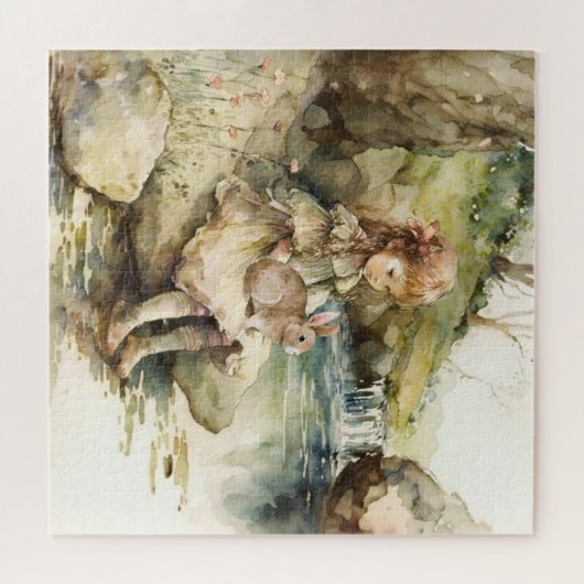 Klein meisje met Waterverf van Bunny Rabbit Legpuzzel (Horizontaal)