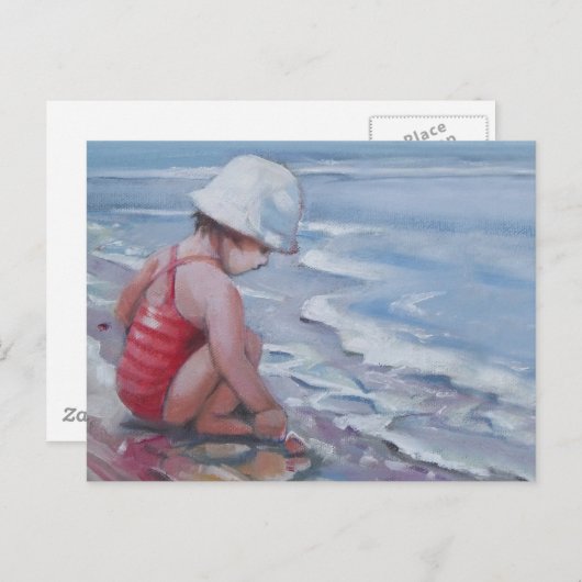 Klein meisje met wit pet op het strand briefkaart (Voorkant / Achterkant)