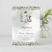 Klein meisje met witte jurk gouden kruis doop kaart (Staand voorkant)