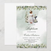 Klein meisje met witte jurk gouden kruis doop kaart (Voorkant / Achterkant)