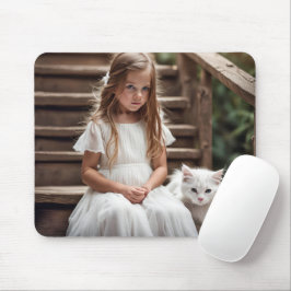 Klein meisje met witte kat muismat