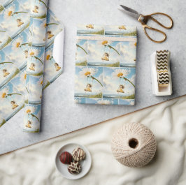 Klein meisje op een madeliefjes schommel cadeaupapier