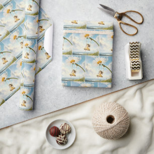 Klein meisje op een madeliefjes schommel cadeaupapier