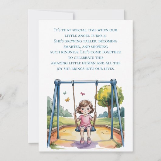 Klein meisje op een swing 4e verjaardagsfeestje kaart (Achterkant)