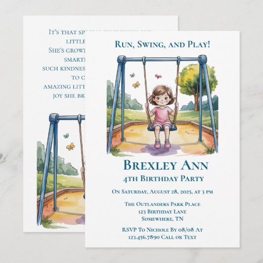 Klein meisje op een swing 4e verjaardagsfeestje kaart (Voorkant / Achterkant)