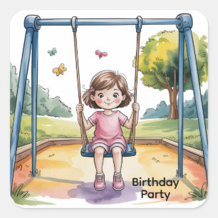 Klein meisje op een swing 4e verjaardagsfeestje vierkante sticker