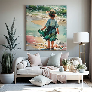 Klein meisje op het strand, waterverf oceaangolven poster