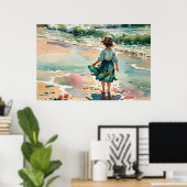 Klein meisje op het strand, waterverf oceaangolven poster (Thuiskantoor)