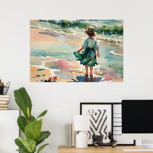 Klein meisje op het strand, waterverf oceaangolven poster