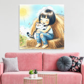 Klein meisje op hooi baal canvas afdruk (Insitu (Woonkamer))