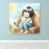 Klein meisje op hooi baal canvas afdruk (Insitu (Houten vloer))