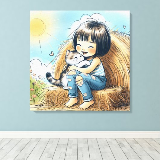 Klein meisje op hooi baal canvas afdruk (Insitu (Houten vloer))