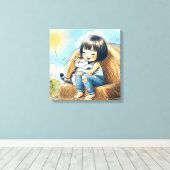 Klein meisje op hooibaal canvas afdruk (Insitu (Houten vloer))