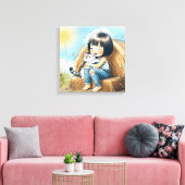 Klein meisje op hooibaal canvas afdruk (Insitu (Woonkamer))