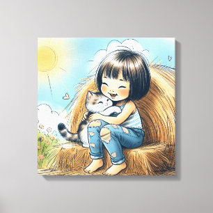 Klein meisje op hooibaal canvas afdruk
