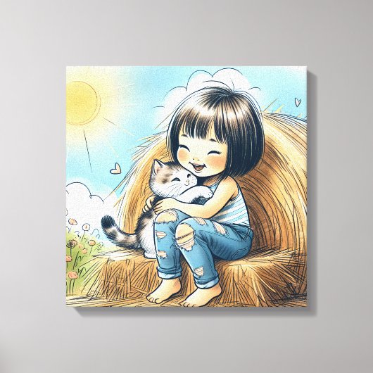 Klein meisje op hooibaal canvas afdruk (Voorkant)