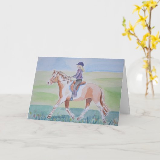 Klein meisje op pony kaart (Gele Bloem)