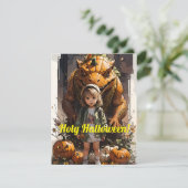 Klein Meisje Pompoen Goblin Dinosaur Feestdagenkaart (Staand voorkant)