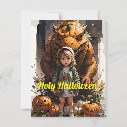 Klein Meisje Pompoen Goblin Dinosaur Feestdagenkaart (Voorkant)