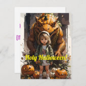 Klein Meisje Pompoen Goblin Dinosaur Feestdagenkaart (Voorkant / Achterkant)