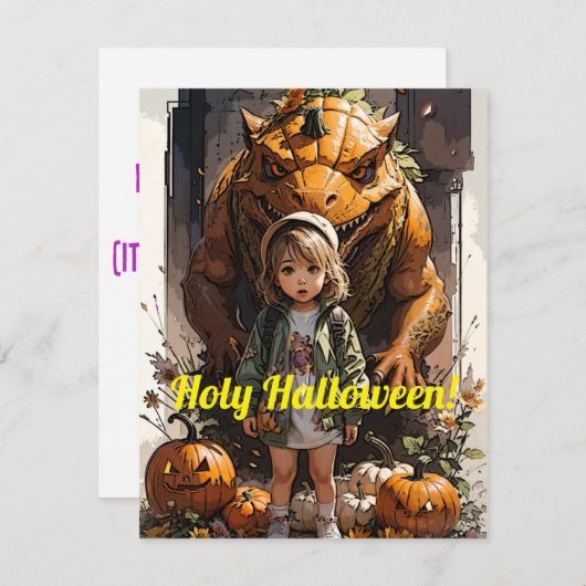 Klein Meisje Pompoen Goblin Dinosaur Feestdagenkaart (Voorkant / Achterkant)