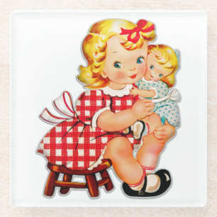 Klein meisje retro vintage pop kind glazen onderzetter