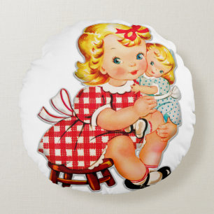 Klein meisje retro vintage pop kind rond kussen