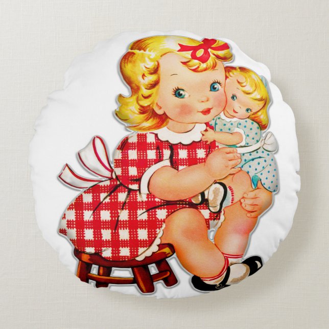 Klein meisje retro vintage pop kind rond kussen (Voorkant)