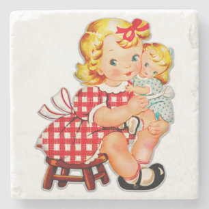 Klein meisje retro vintage pop kind stenen onderzetter
