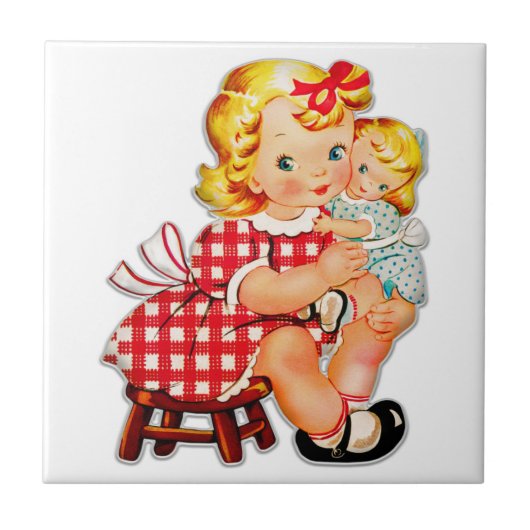 Klein meisje retro vintage pop kind tegeltje (Voorkant)