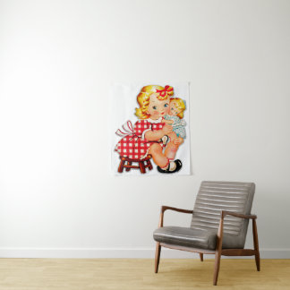 Klein meisje retro vintage pop kind wandkleed