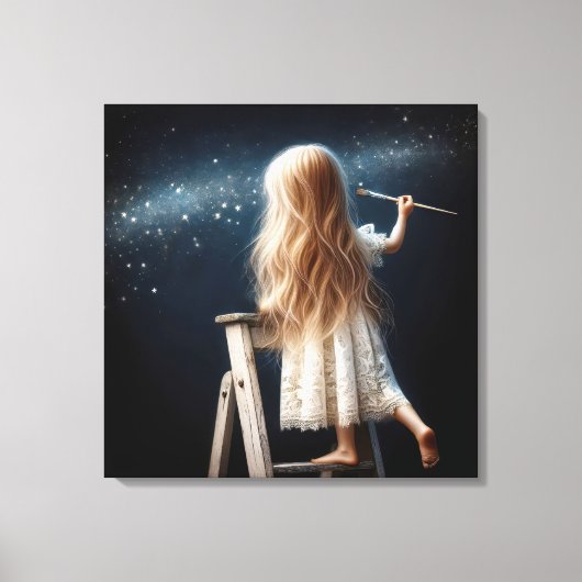 Klein meisje schildert sterren in de nachtelijke h canvas afdruk (Voorkant)