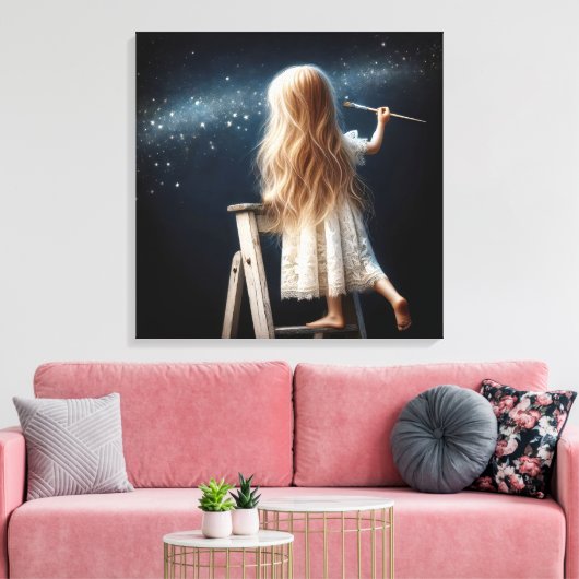Klein meisje schildert sterren in de nachtelijke h canvas afdruk (Insitu (Woonkamer))