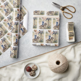 Klein meisje staat op een hond om een brief te pos cadeaupapier