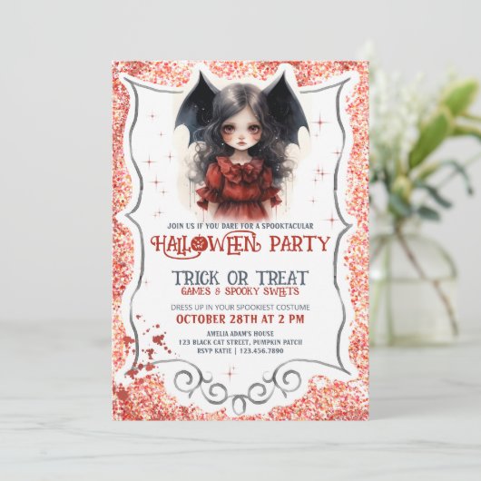 Klein meisje vampier Gothic Halloween Kaart (Staand voorkant)