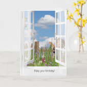 Klein meisje vlieger een vlieger in raam uitzicht kaart (Gele Bloem)