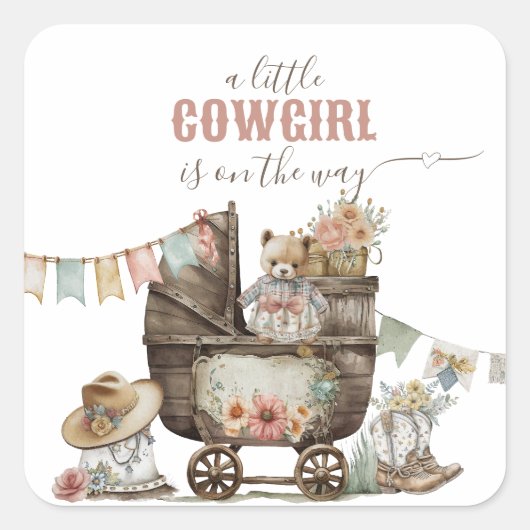 Klein meisje Wild West Boho Baby Girl Shower Vierkante Sticker (Voorkant)