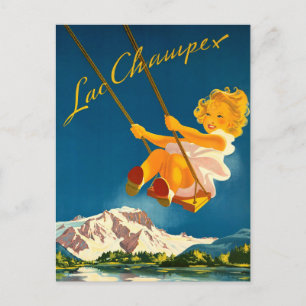 Klein meisje zwaait over Lac Champex, Zwitserland Briefkaart