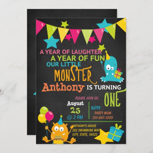 Klein monster Draaien Een Verjaardag Uitnodiging (Voorkant / Achterkant)