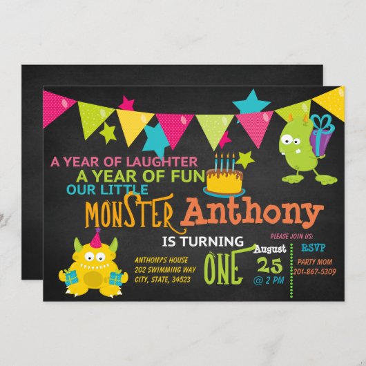 Klein monster Draaien Een Verjaardag Uitnodiging (Voorkant / Achterkant)