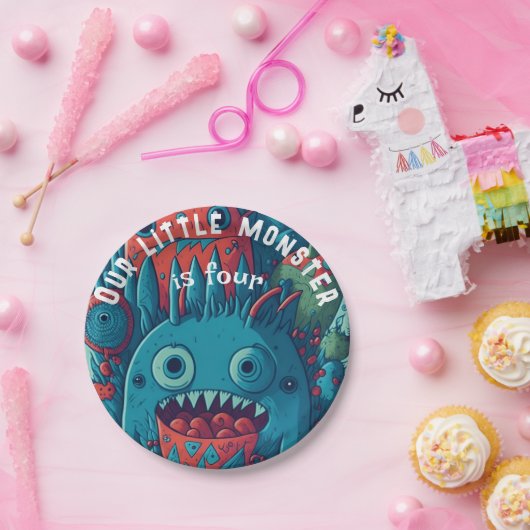 Klein monster verjaardag feestje blauw rood papieren bordje (Feest)
