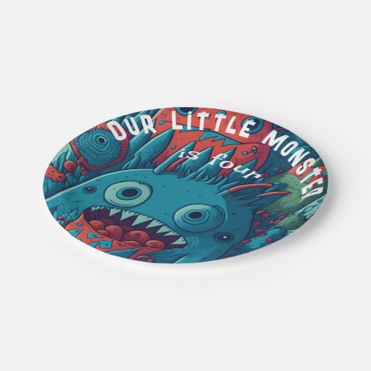 Klein monster verjaardag feestje blauw rood papieren bordje (Gekanteld)